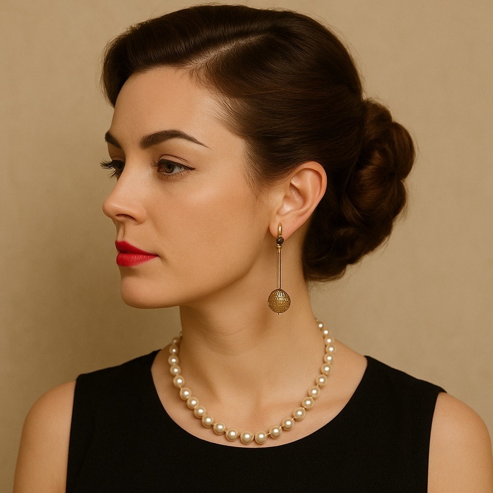 Vintage Gold-Tone Clip-On Drop Earrings Filigree Ball‎ Dangle Mid Century Glam